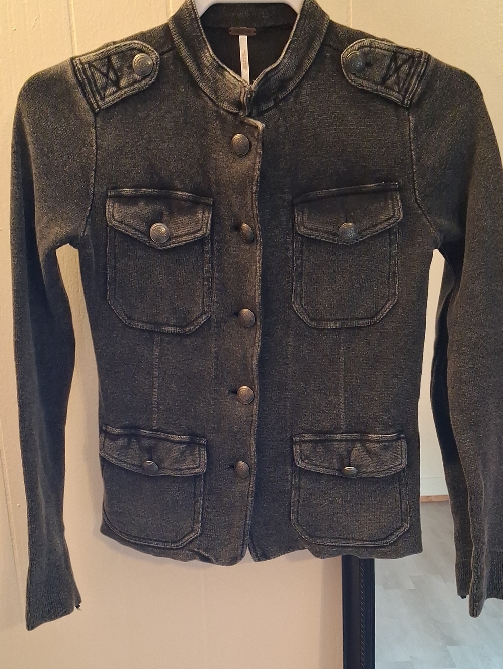 Free People Washed Black Fitted Military Button Jacket Sweatshirt NWOT
